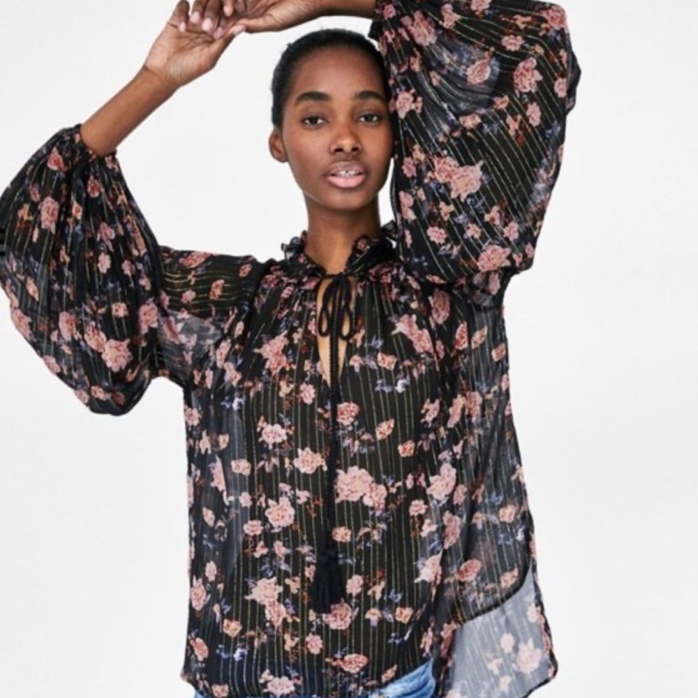 Zara sheer floral boho blouse